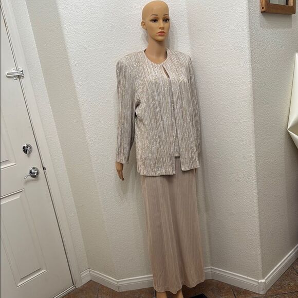 David's Bridal Cream Tan Gold Silver Maxi Dress & Long Sleeve Jacket Side  Slit
